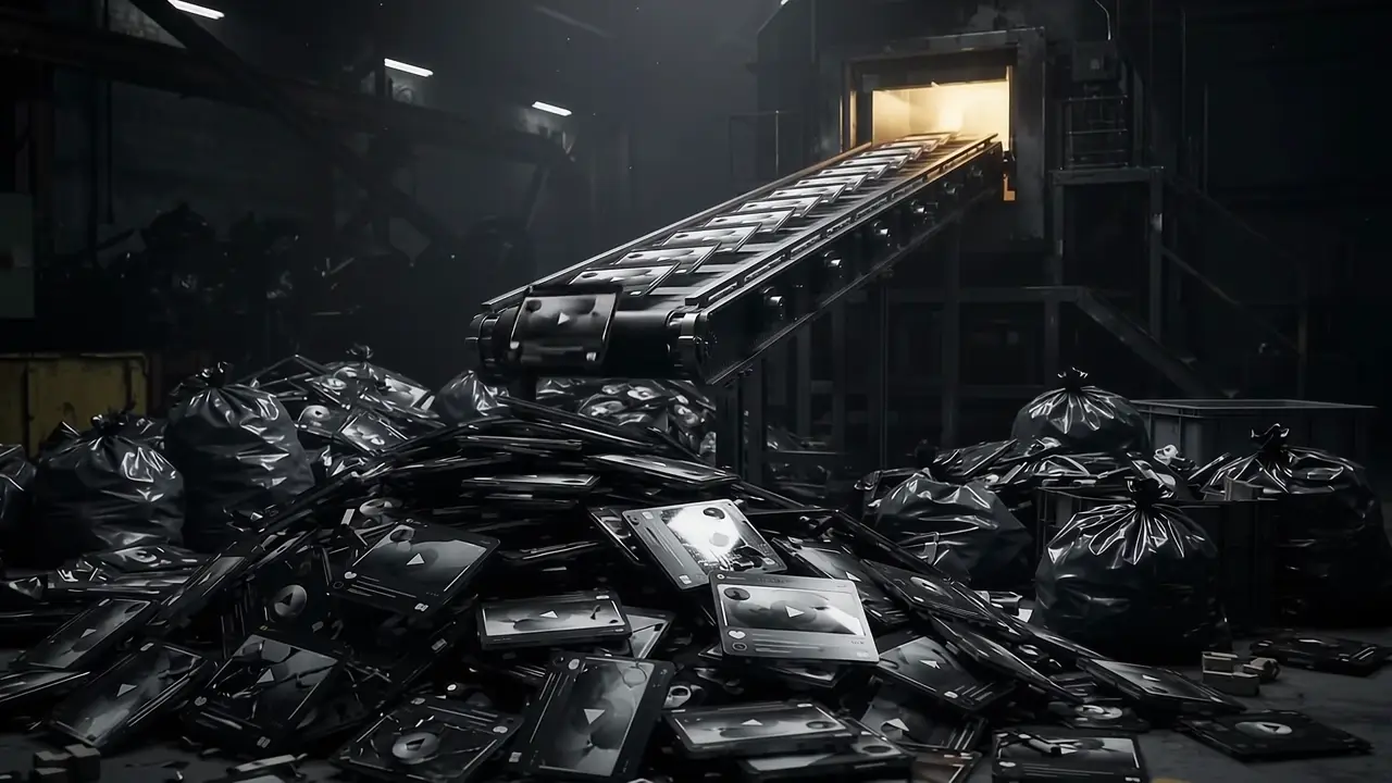 A conveyor belt dumps screens and media panels onto a pile of black bags.