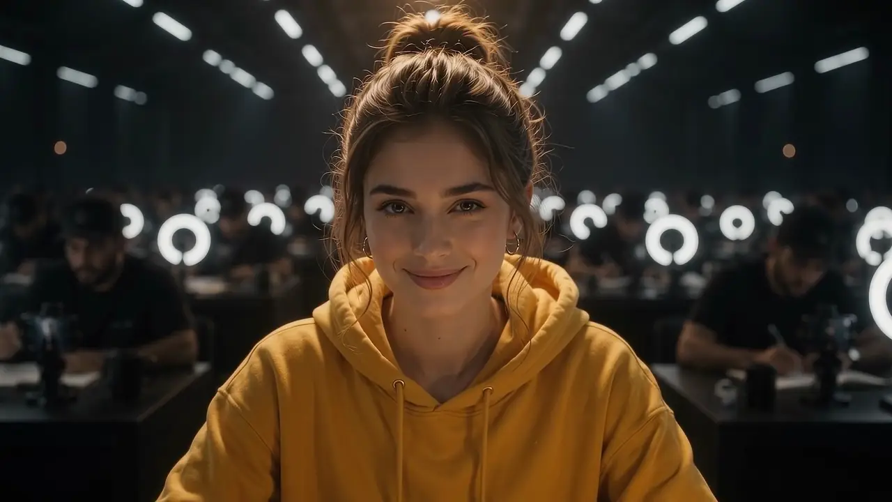 A young woman in a yellow hoodie looks straight into the lens on a busy set.