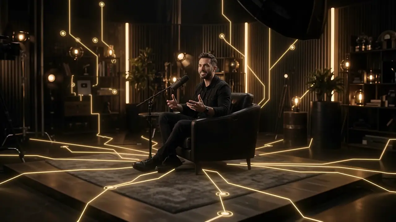 A guest speaks in a dark studio while golden lines trace across the floor.