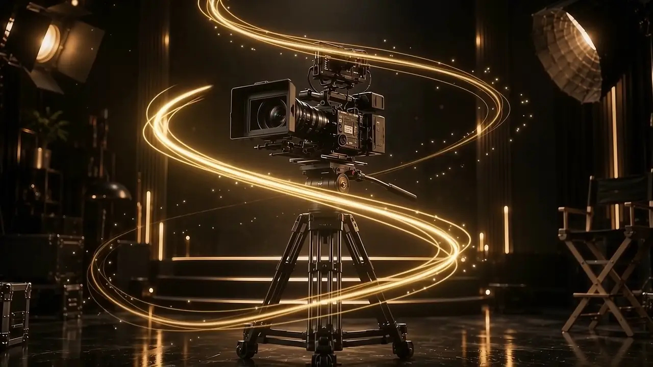 A cinema camera on a tripod, wrapped in trails of warm light.